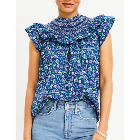 LOFT WOMEN Petite Floral Smocked Ruffle Yoke Top PM - Picture 12 of 13